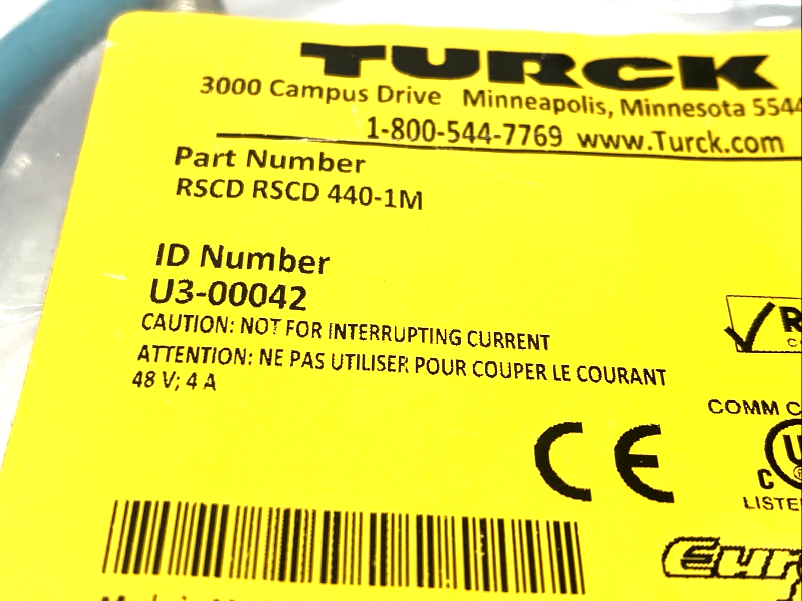 Turck RSCD RSCD 440-1M Ethernet Extension Cable M12 Male 4-Pin 1m U3-00042 - Maverick Industrial Sales