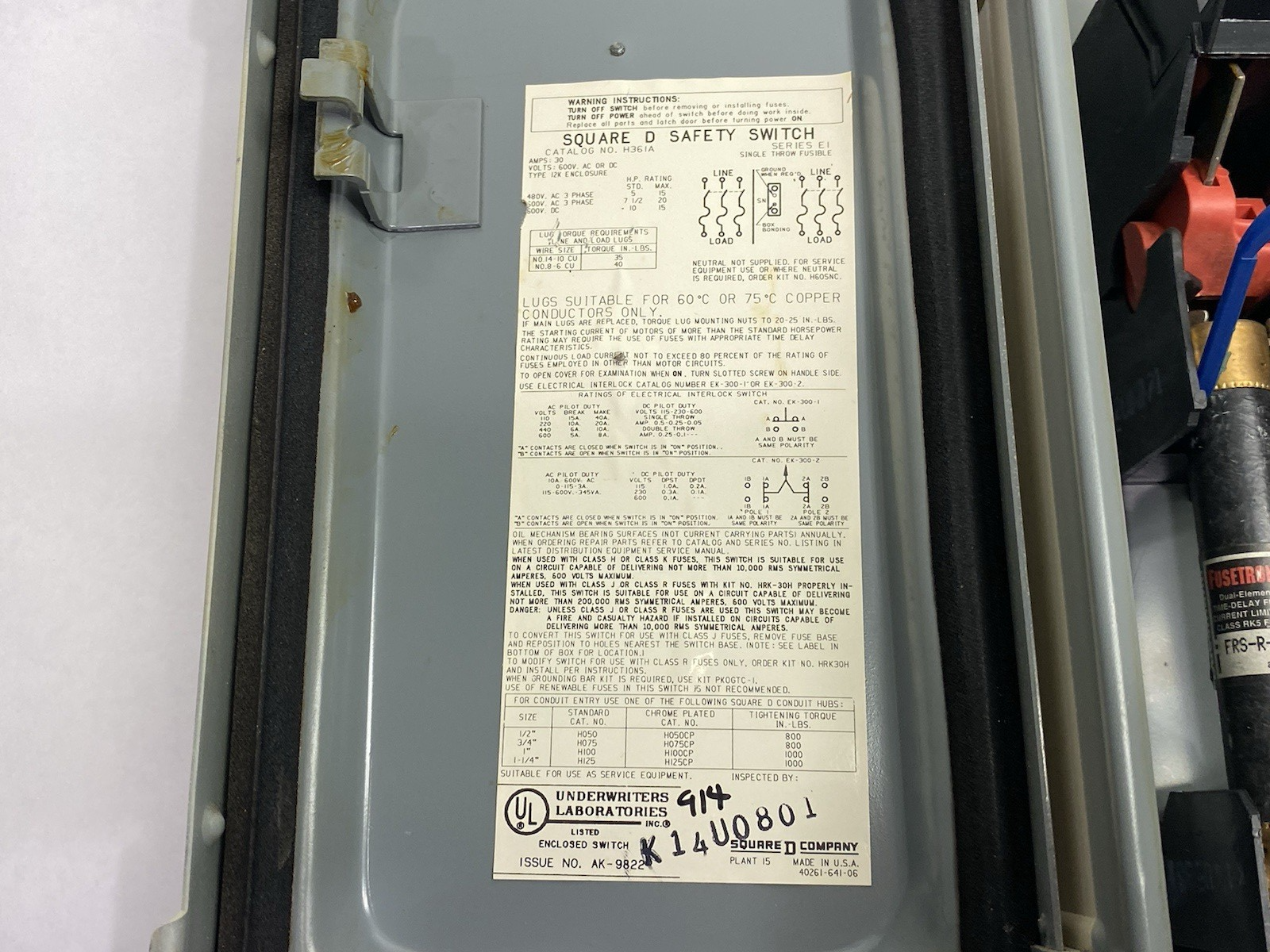H361A | Schneider Square D Safety Switch, Heavy duty, Fusible, 30A, 3-Pole, 20HP - Used - Maverick Industrial Sales