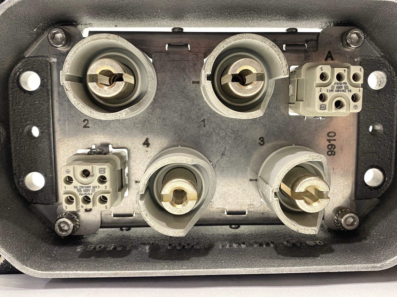 Harting 09400480311 Base Panel Han 48 HPR w/ x4 09110012651 Male Insert DAMAGED - Used - Maverick Industrial Sales