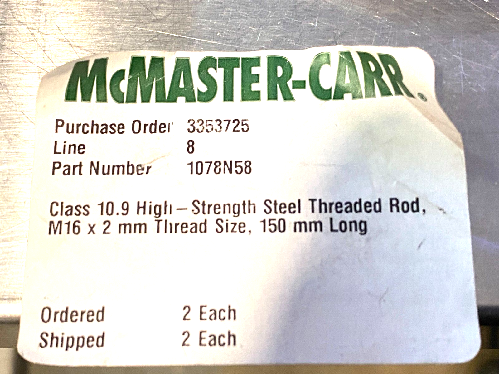 1078N58 High-Strength Steel Threaded Rod, M16 x 2mm Thread, 150mm Length - Maverick Industrial Sales