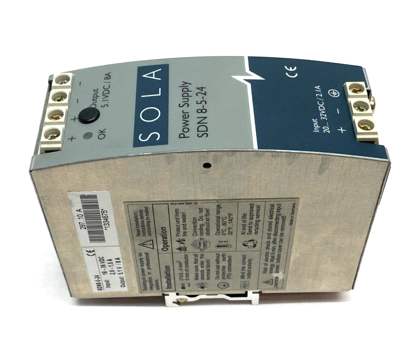 Emerson SOLA SDN8-5-24 Power Supply 18-36VDC 2, 9-1, 5A Input 5, 1V/ 8A Output - Maverick Industrial Sales