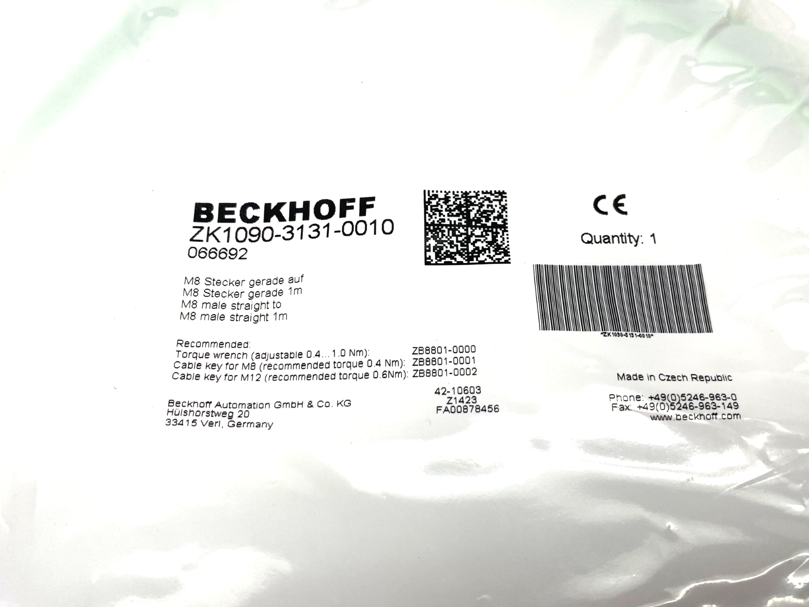 Beckhoff ZK1090-3131-0010 EtherCAT Extension Cable M8 4-Pin 1m 066692 - Maverick Industrial Sales