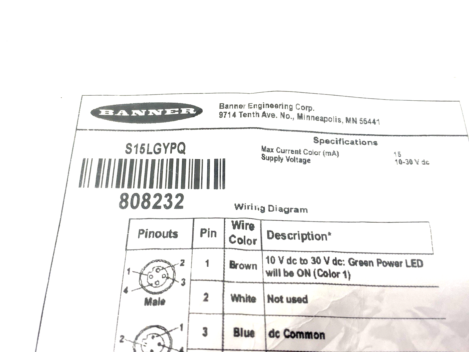 Banner S15LGYPQ 2-Color In-Line Sensor Status Indicator Male-Female 4-pin 808232 - Maverick Industrial Sales