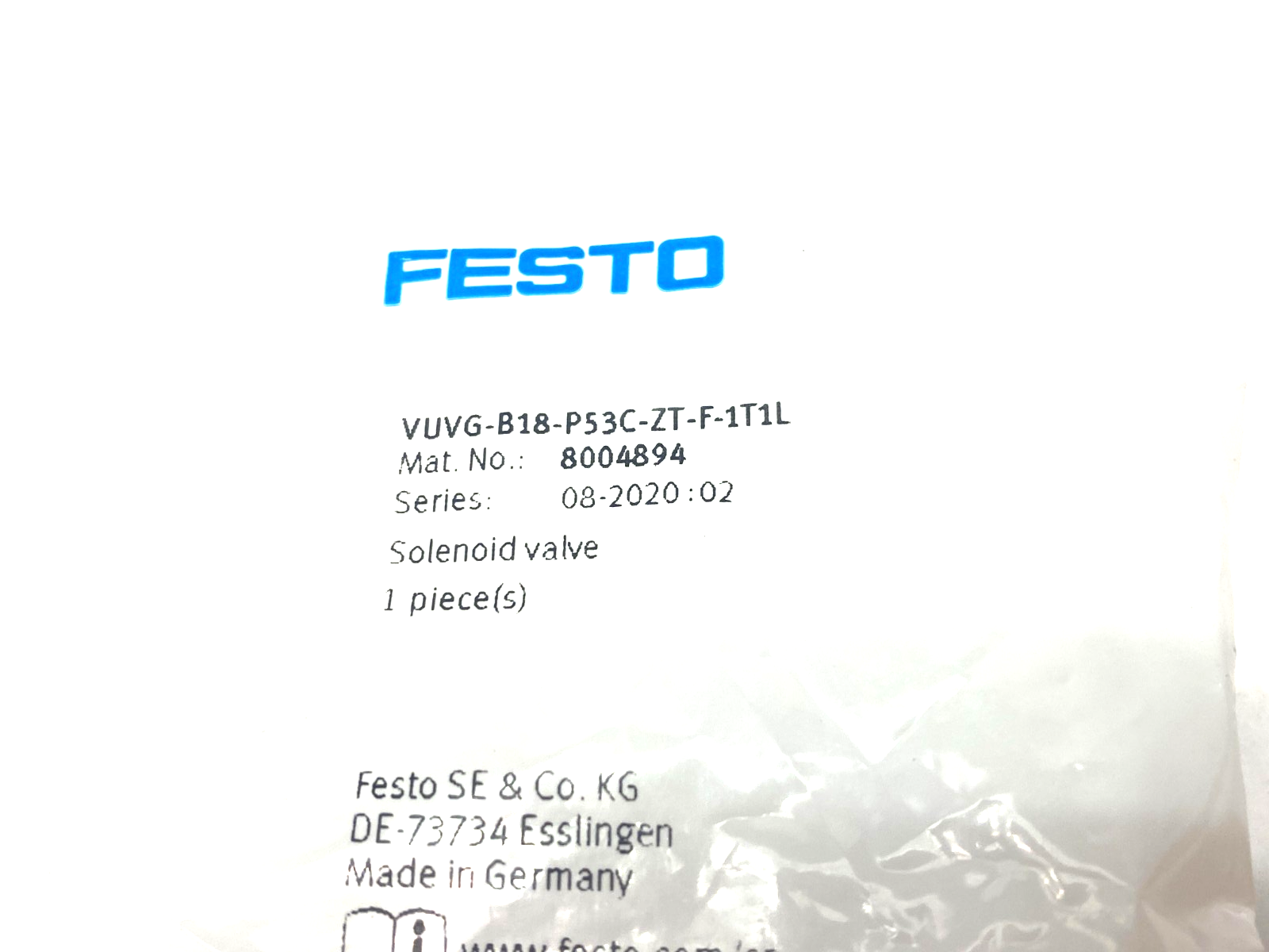Festo VUVG-B18-P53C-ZT-F-1T1L Solenoid Valve, 5/3 Closed, 8004894 - Maverick Industrial Sales