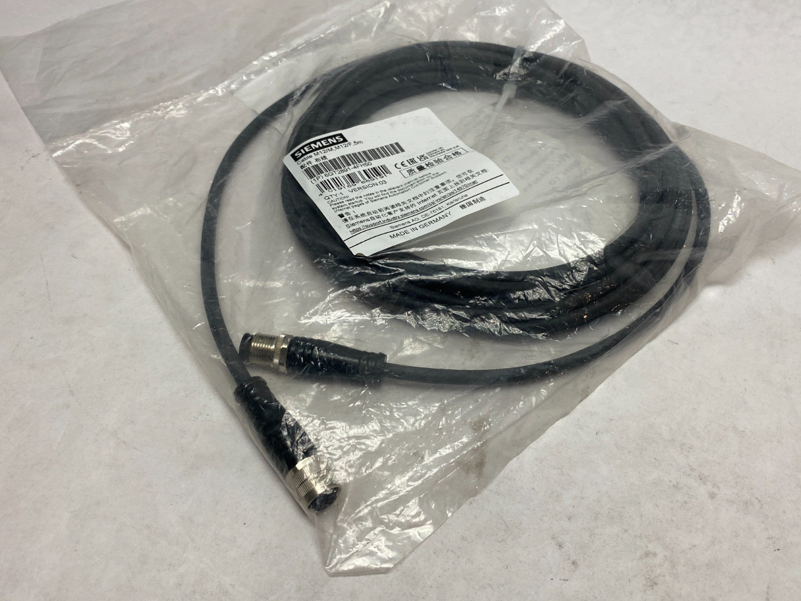 Siemens 6GT2891-4FH50 SIMATIC RF MV Plug-In Cable M12/M to M12/F, 5m Length - Maverick Industrial Sales