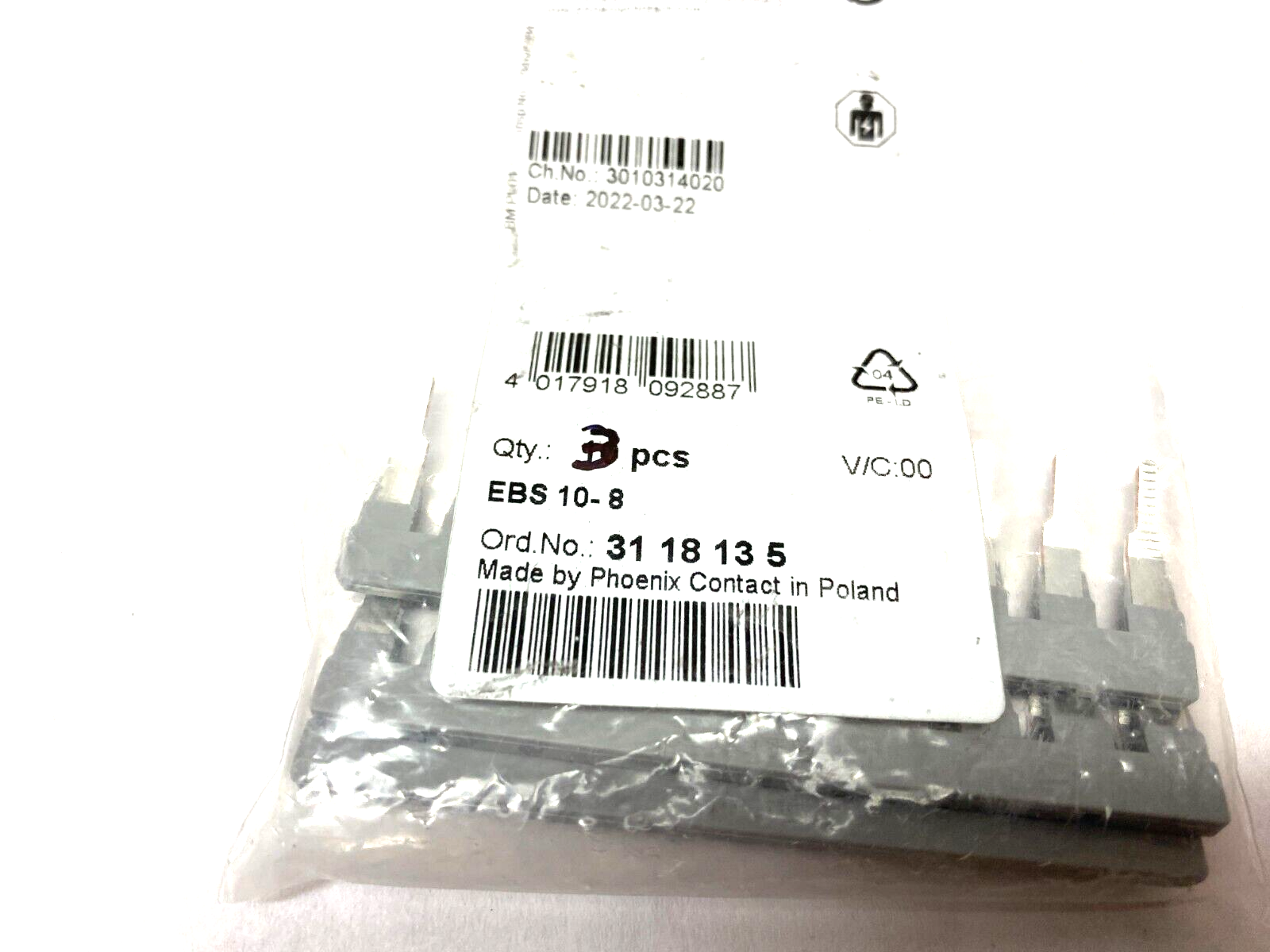 Phoenix Contact EBS 10-8 Gray Insertion Jumper Bridge 3118135 LOT OF 3 - Maverick Industrial Sales