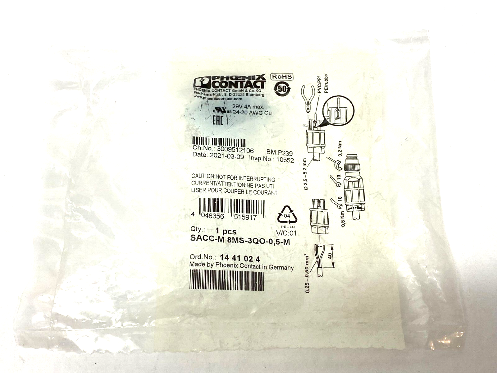 Phoenix Contact SACC-M 8MS-3QO-0,5-M Circular Plug In Connector 1441024 - Maverick Industrial Sales