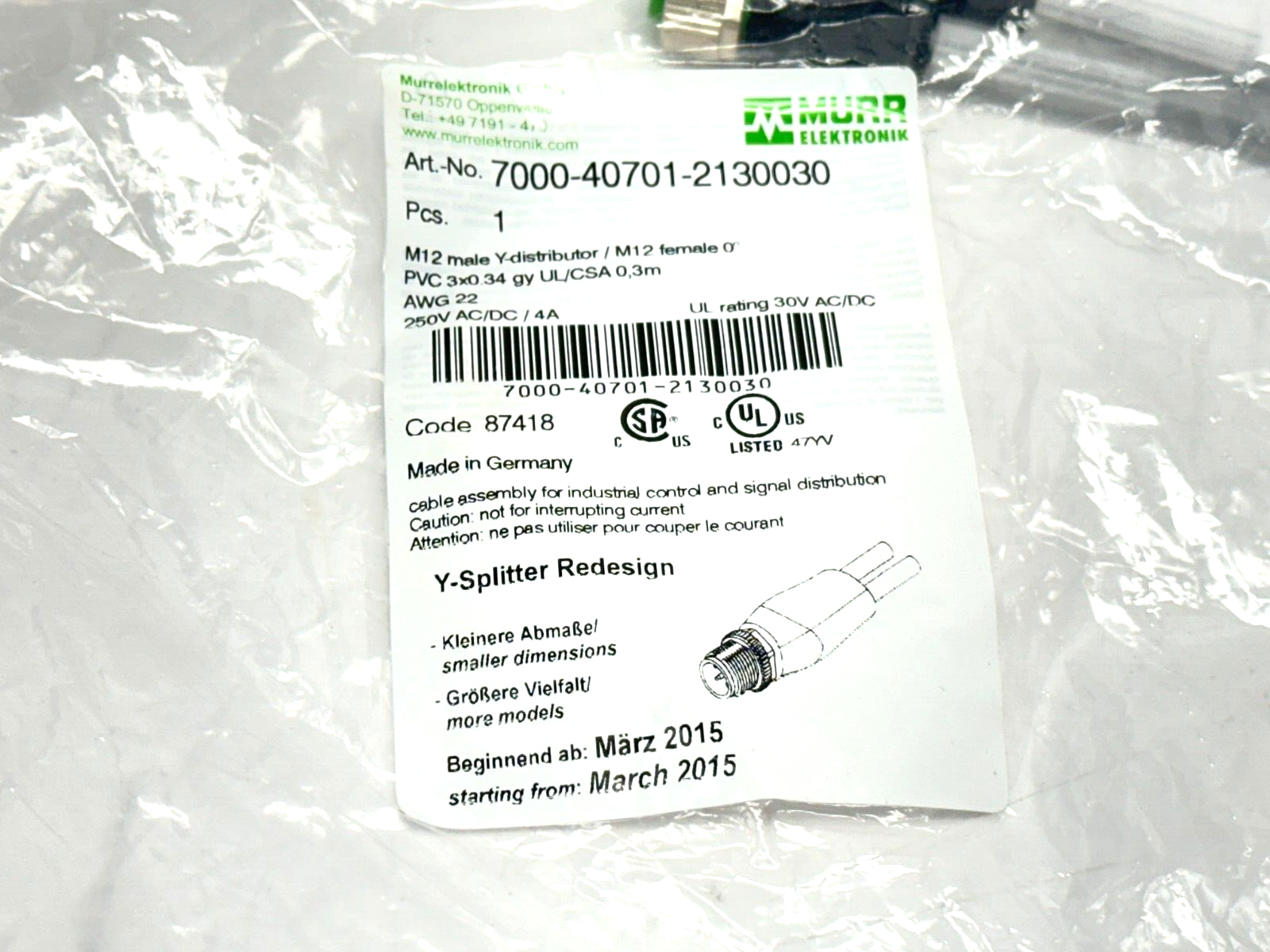Murr Elektronik 7000-40701-2130030 Y-Distributor M12 M 4-Pin - M12 F 5-Pin 0.3m - Maverick Industrial Sales