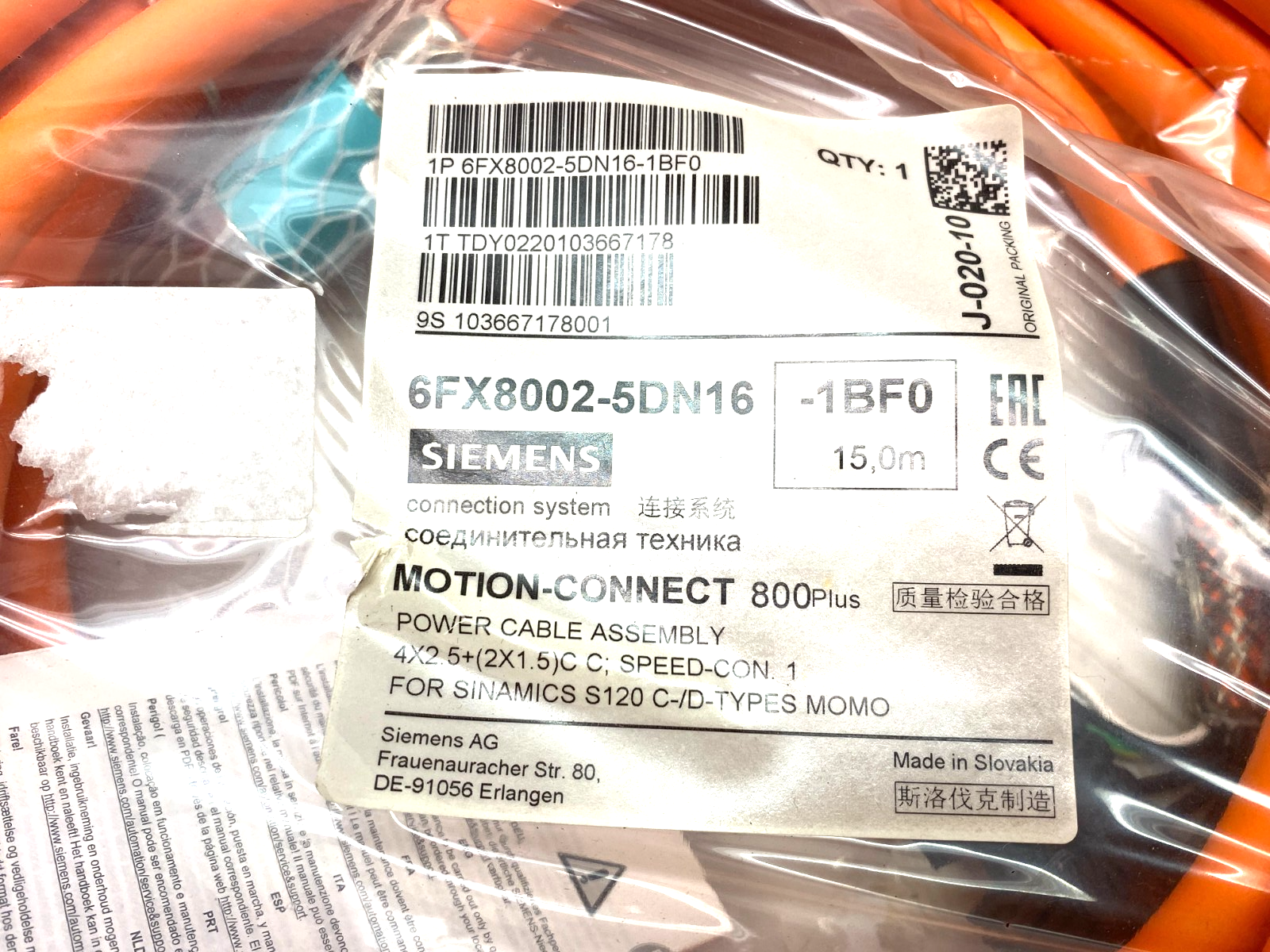 Siemens 6FX8002-5DN16-1BF0 MOTION-CONNECT Power Cable Assembly 15m 800Plus - Maverick Industrial Sales