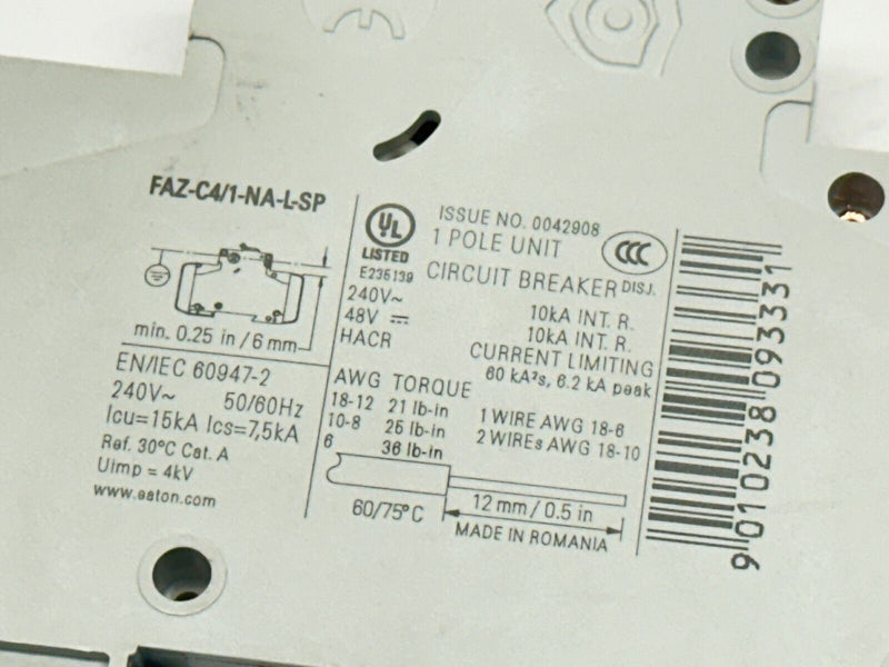 Eaton FAZ-C4/1-NA-L-SP Circuit Breaker 1-Pole 4A 240V - Maverick Industrial Sales