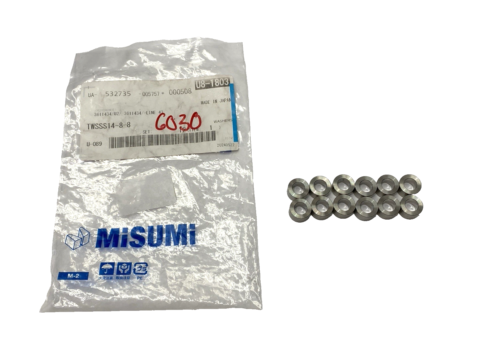 TWSSS14-8-8 | Misumi Flat Spacers 14mm OD 8mm ID 8mm Thickness LOT OF 12 - New – Open box - Maverick Industrial Sales