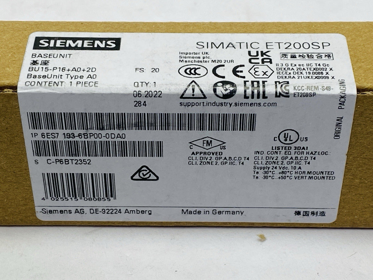 Siemens 6ES7 193-6BP00-0DA0 SIMATIC ET200SP Base Unit BU15-P16+A0+2D - Maverick Industrial Sales