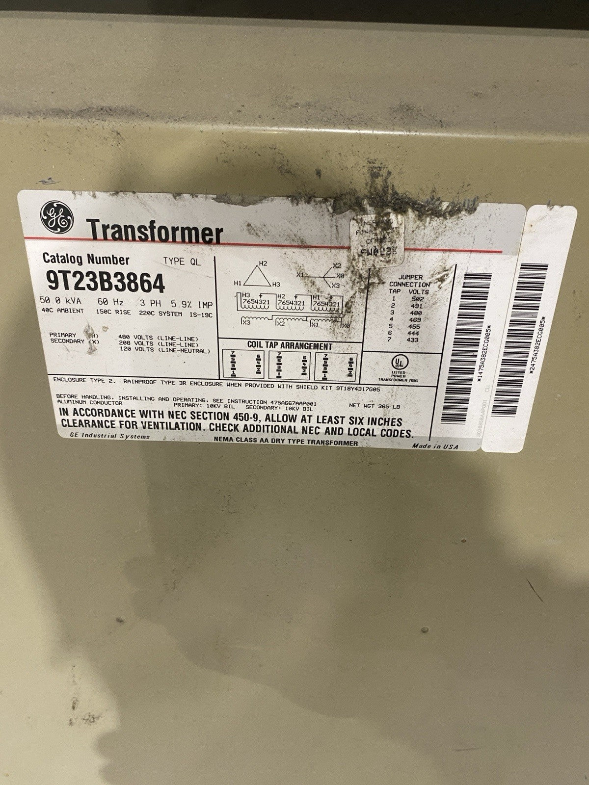 9T23B3864 | GE Transformer Type QL 50.0 kVA 60Hz 3 PH 5.9% 1MP 480V-208/120V - Used - Maverick Industrial Sales