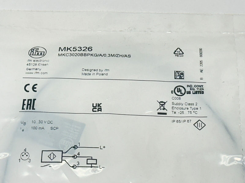 IFM MK5326 C-Slot Cylinder Sensor MKC3020BBPKG/A/0,3M/ZH/AS - Maverick Industrial Sales