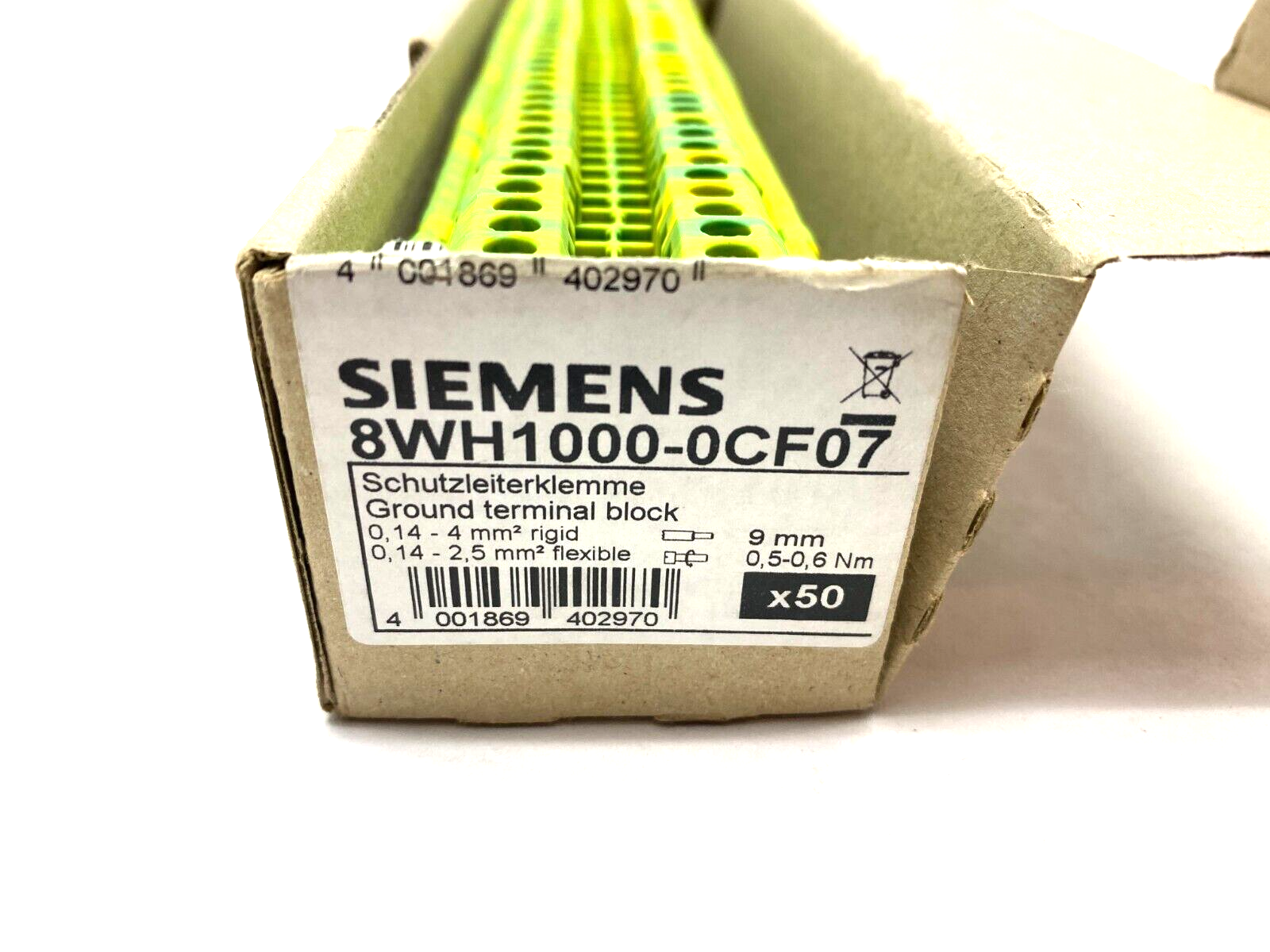 Siemens 8WH1000-0CF07 Ground Terminal Block Green/Yellow 4mm PE/PEN BOX OF 43 - Maverick Industrial Sales