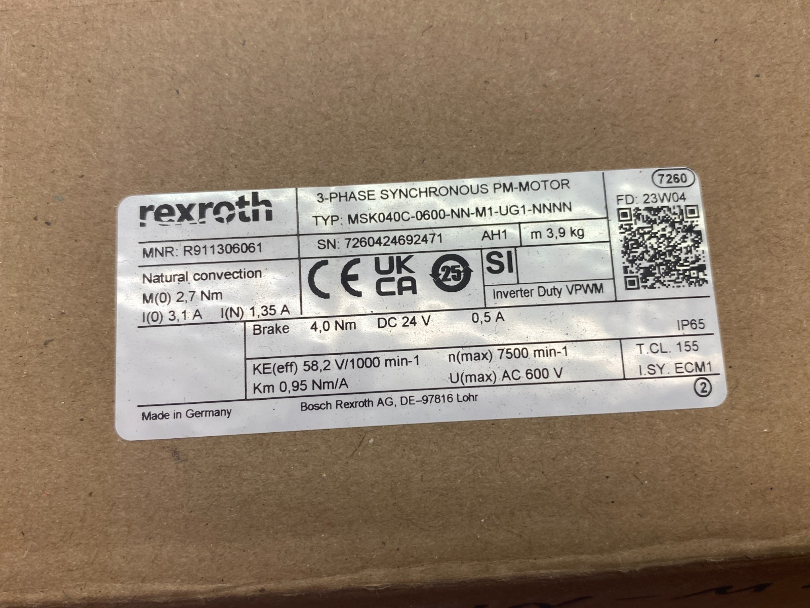 Bosch Rexroth R911306061 Servo Motor 3-Phase MSK040C-0600-NN-M1-UG1-NNNN - Maverick Industrial Sales