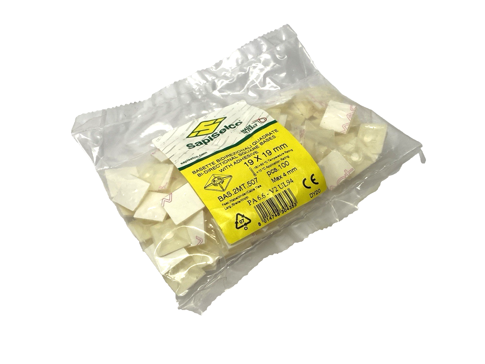 Sapiselco BAS.2MT.507 Cable Tie Mounting Square Base 19mm x 19mm PACKAGE OF 100 - Maverick Industrial Sales