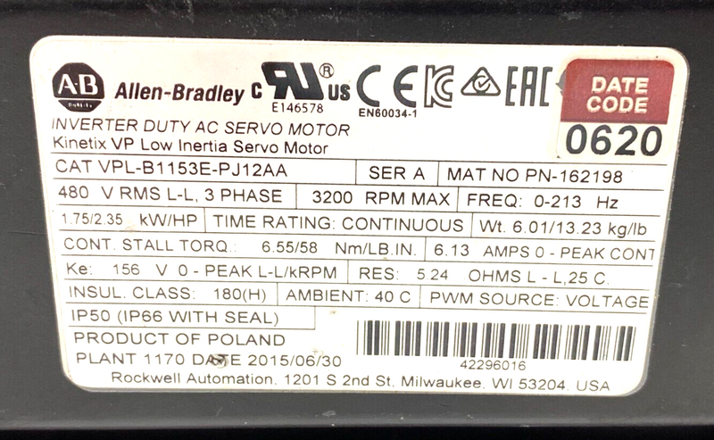 Allen Bradley VPL-B1153E-PJ12AA Ser. A Kinetix VP Low Inertia Servo Motor - Maverick Industrial Sales