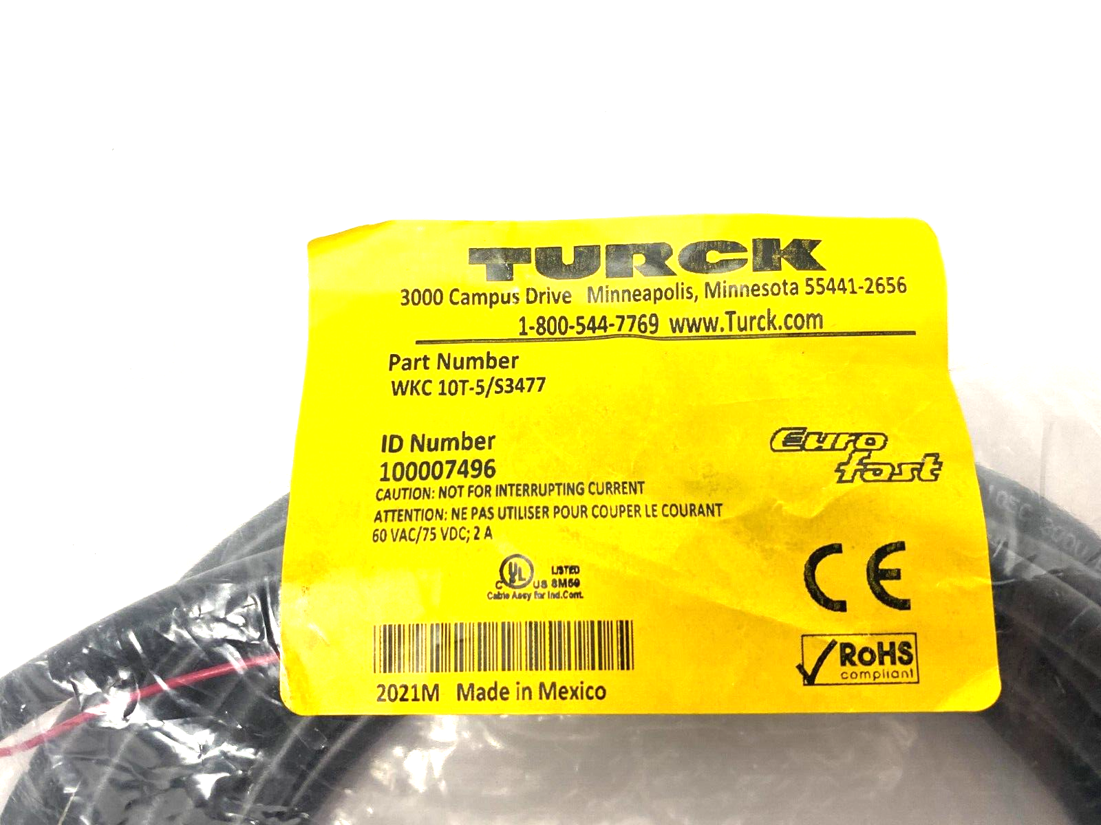 Turck WKC 10T-5/S3477 Eurofast Right Angle Single Ended Cordset, 100007496 - Maverick Industrial Sales