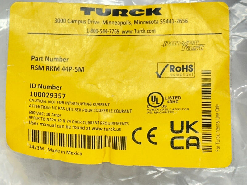 Turck RSM RKM 44P-5M Power Cordset Extension M/F 7/8" 4-Pin 5M 100029357 - Maverick Industrial Sales