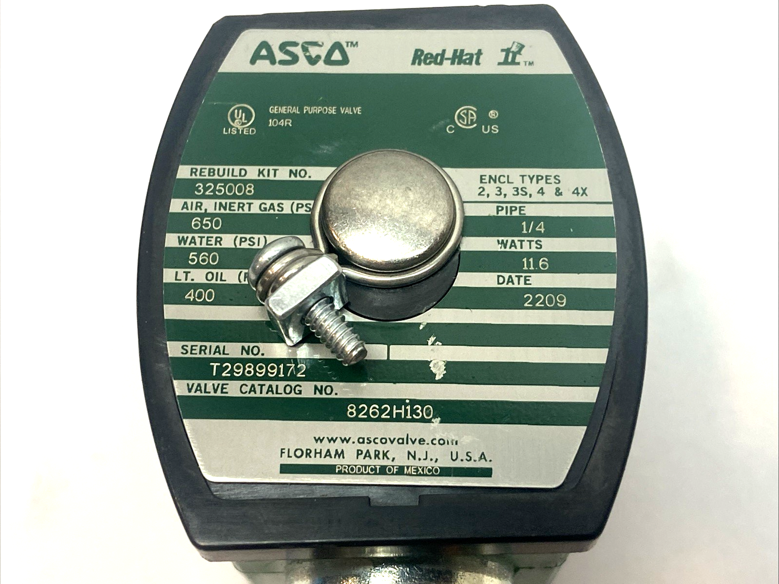8262H130DC24/DCD | ASCO 1/4" 2-Way Solenoid Valve w/ Red Dot Conduit Fitting - Used - Maverick Industrial Sales