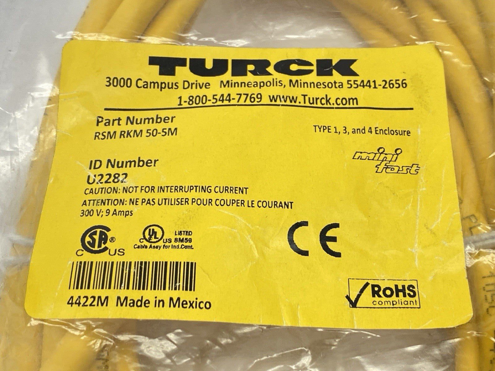 Turck RSM RKM 50-5M Mini Fast Double Ended Cordset M/F 7/8" 5-Pin 5M U2282 - Maverick Industrial Sales