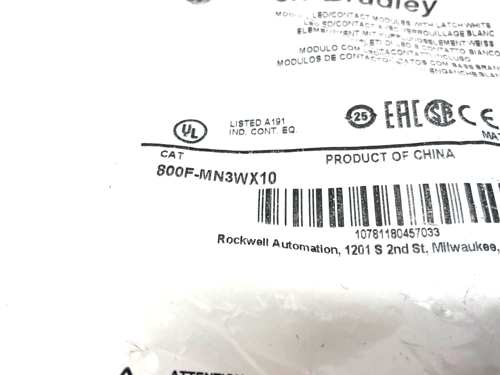 Allen Bradley 800F-MN3WX10 Ser. A White LED Contact Modules w/ Metal Latch - Maverick Industrial Sales