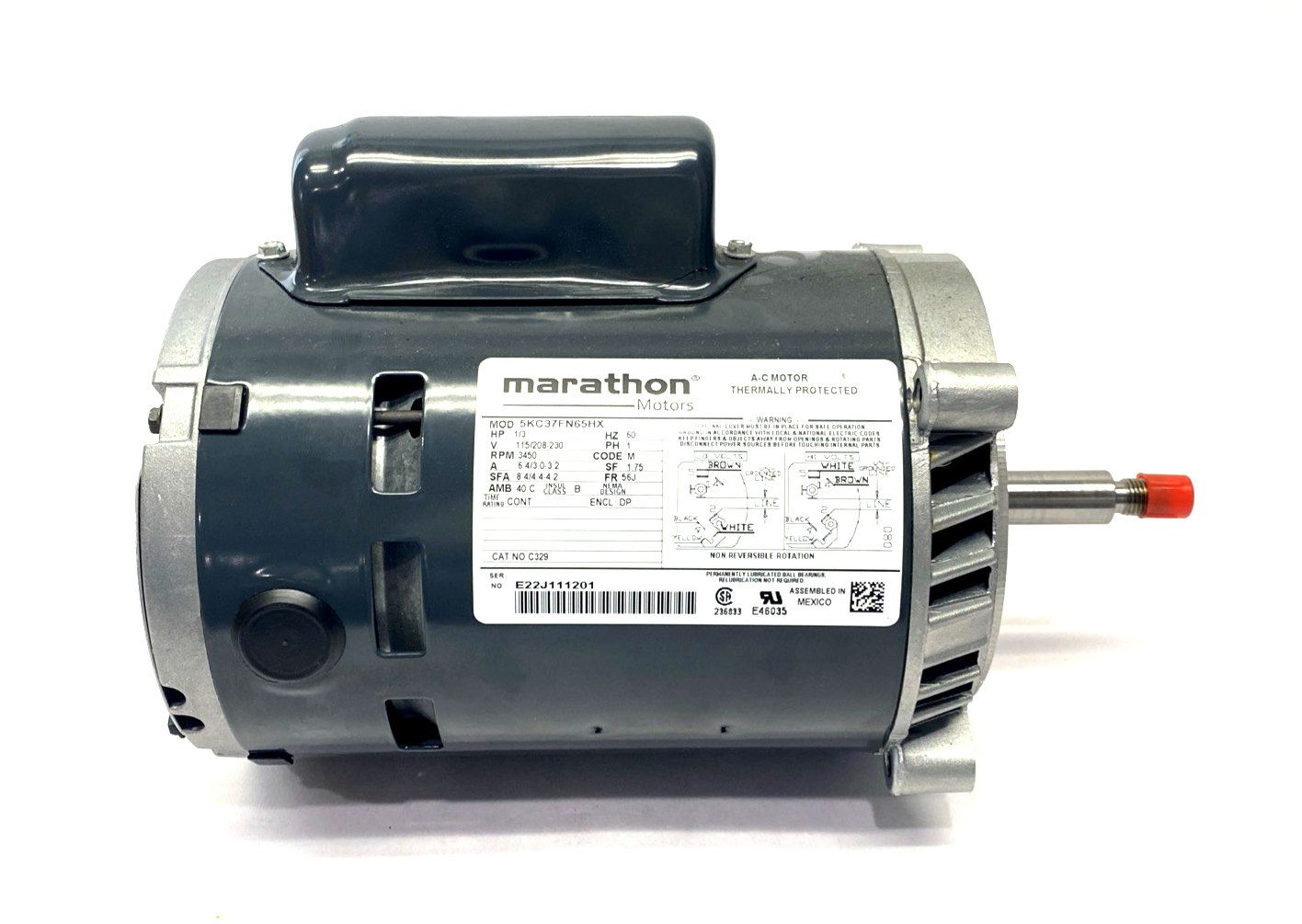 C329 | Marathon Pump Motor 1/3 HP 1PH 115/208-230V 56J 5KC37FN65X, 5KC37FN65HX - New – Open box - Maverick Industrial Sales