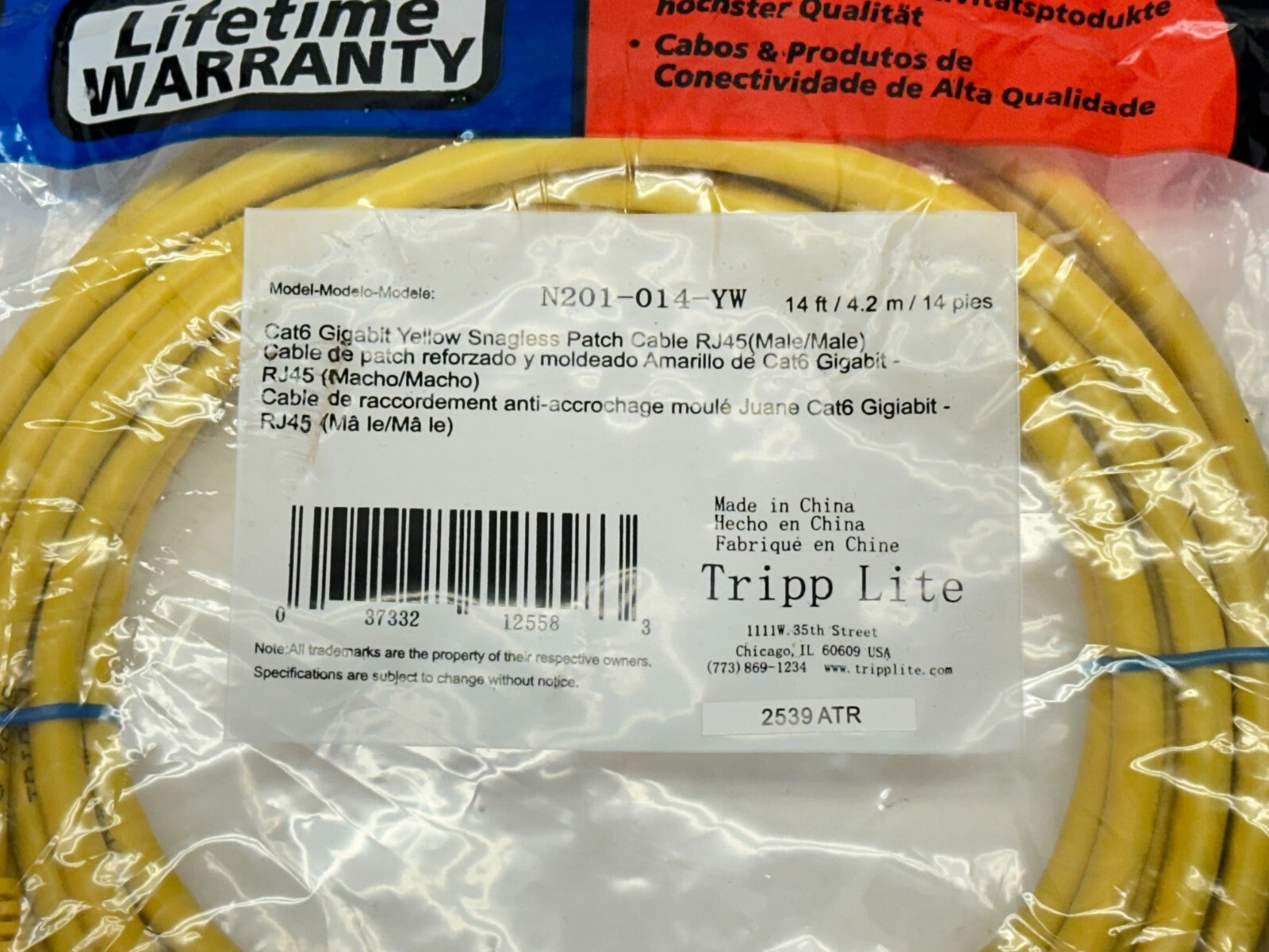 Tripp Lite N201-014-YW Cat6 Gigabit Yellow Snagless Patch Cable RJ45 Male 14ft - Maverick Industrial Sales