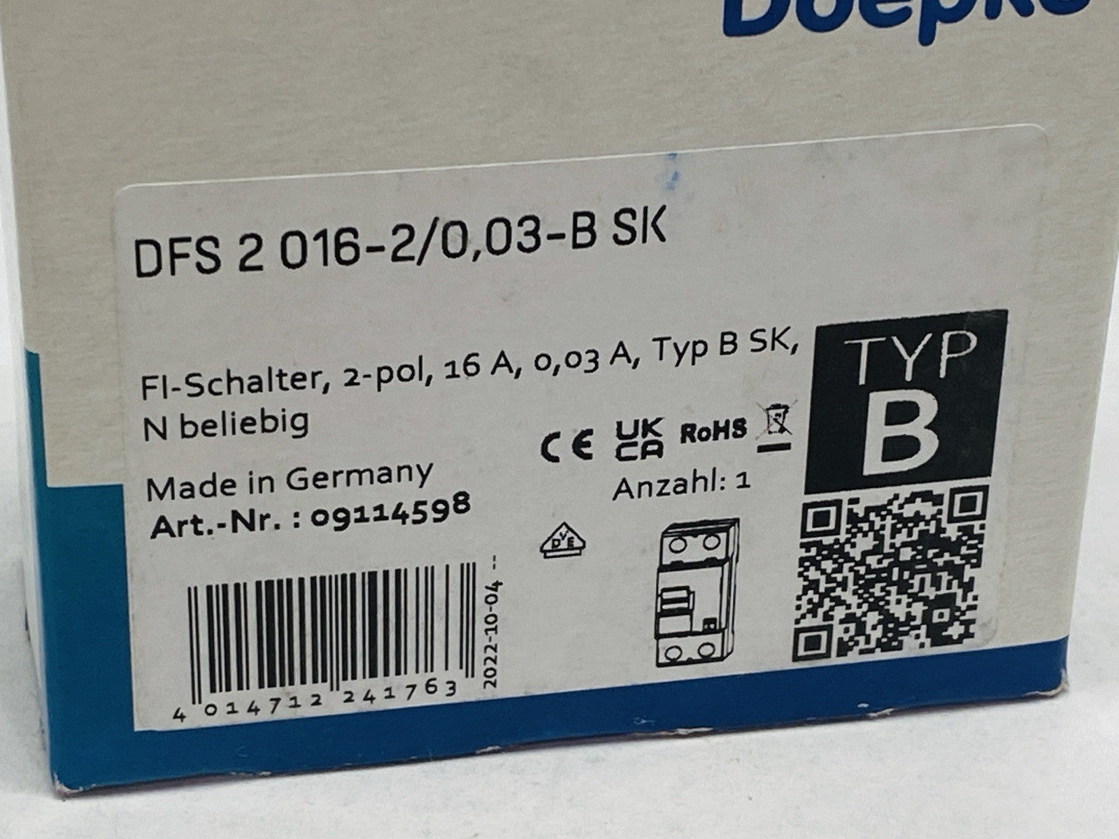 Doepke DFS 2 016-2/0,03-B SK Circuit Breaker 2-Pole 16A 230/400V - Maverick Industrial Sales