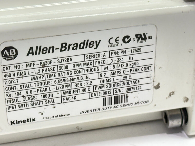 Allen Bradley MPF-B430P-SJ72BA Servo Motor 5k RPM 2kW w/ LP 090-M01-5-111-000 - Maverick Industrial Sales