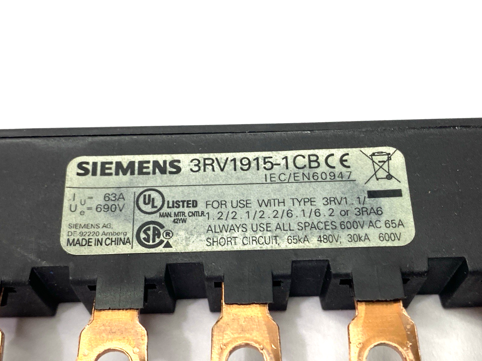Siemens 3RV1915-1DB Busbar 3-Phase 600VAC 65A - Maverick Industrial Sales