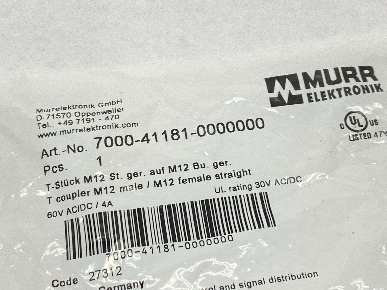 7000-41181-0000000 | Murr Elektronik T-Coupler M12 Male / M12 Female 5-Pin - New - Maverick Industrial Sales