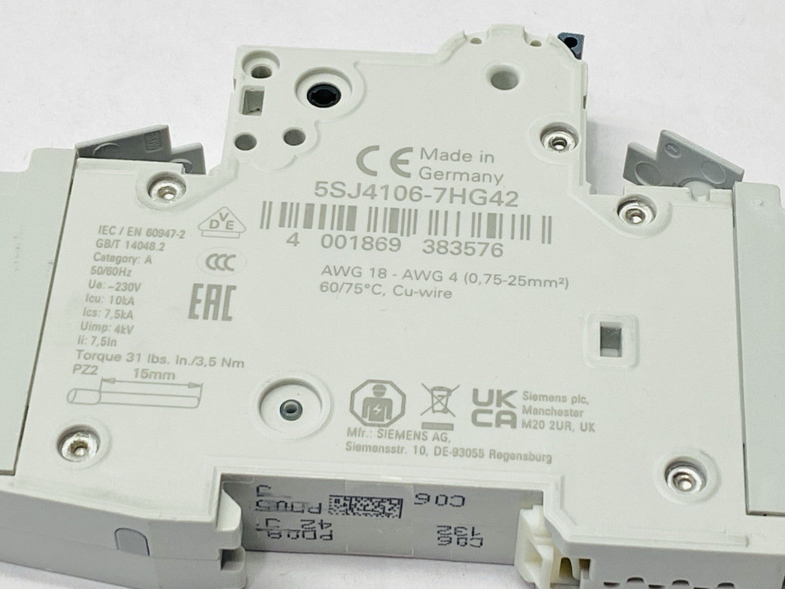 Siemens 5SJ4106-7HG42 Miniature Circuit Breaker 1-Pole 6A 277VAC/480Y 60VDC - Maverick Industrial Sales