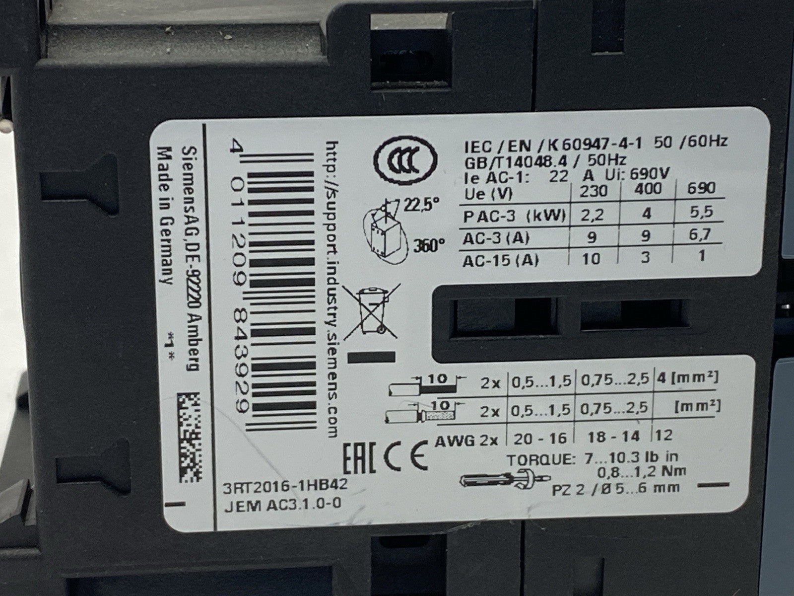Siemens 3RT2016-1HB42 Power Contactor 3-Pole 9A 4kW 400V 24VDC - Maverick Industrial Sales