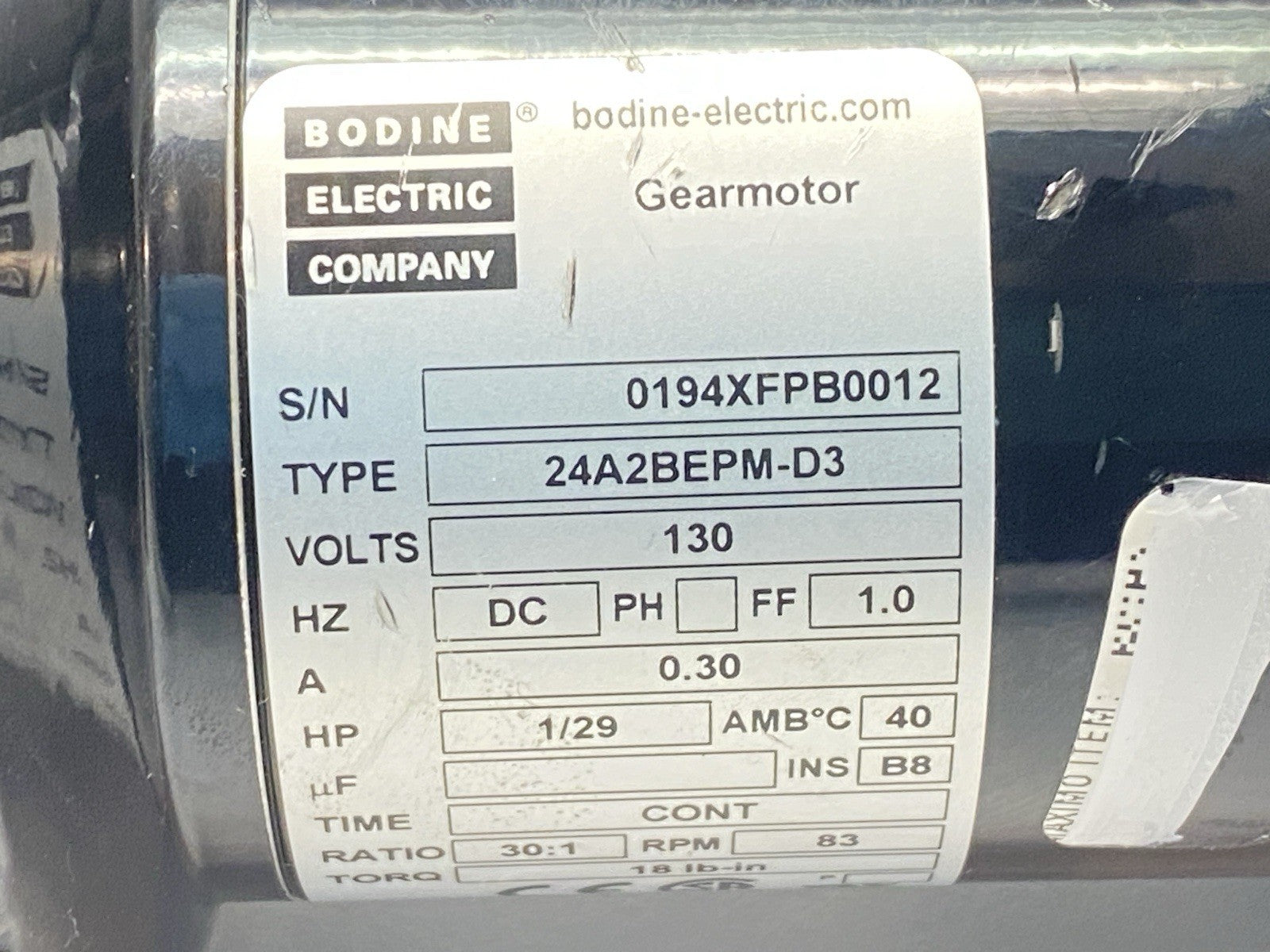 24A2BEPM-D3 | Bodine Electric Parallel Shaft DC Motor 30:1 83rpm 1/29HP 0.30A 130V - For parts or not working - Maverick Industrial Sales