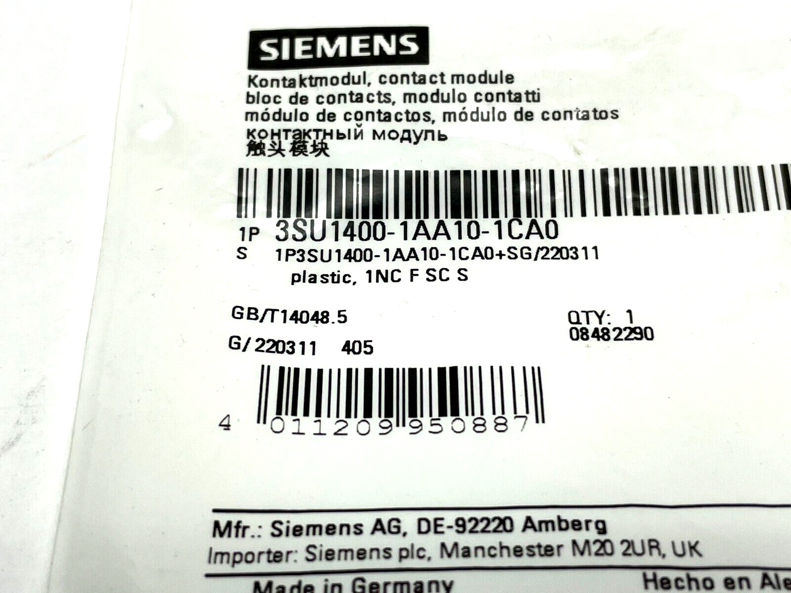 Siemens 3SU1400-1AA10-1CA0 Contact Module with 1 Contact Element, 1 NC - Maverick Industrial Sales
