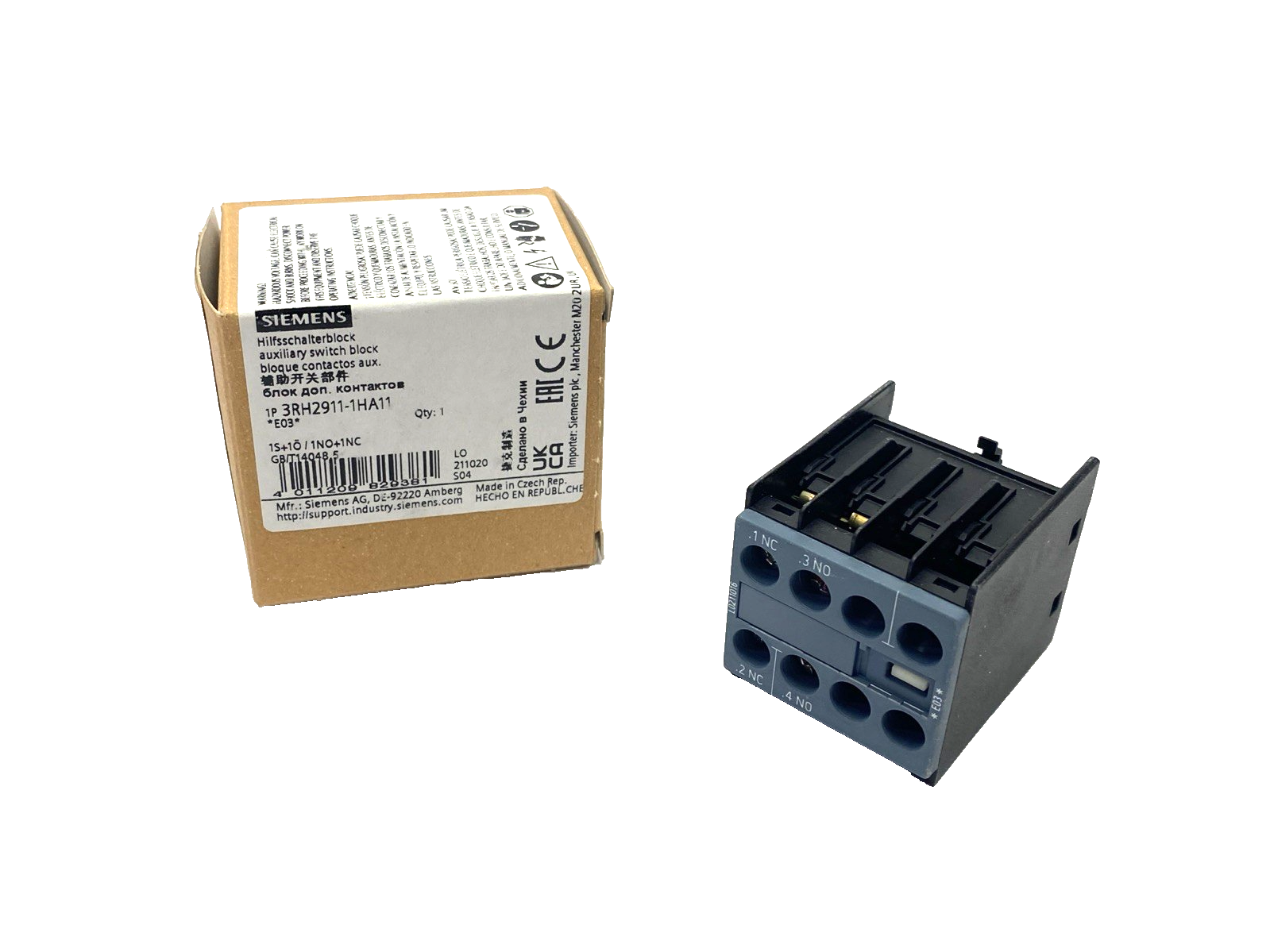 Siemens 3RH2911-1HA11 Auxiliary Switch Block 1 NO + 1 NC, For 3RT2 & 3RH2 - Maverick Industrial Sales
