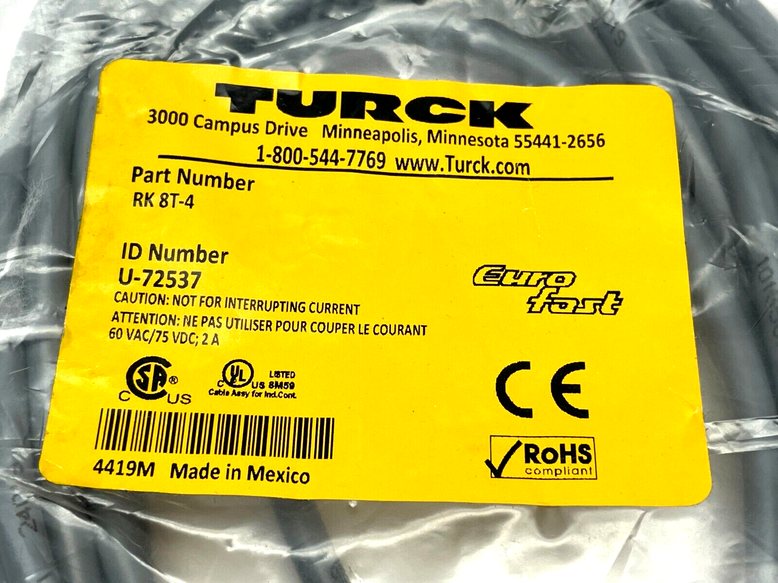 Turck RK 8T-4 Single Ended Cordset 4m Length U-72537 - Maverick Industrial Sales