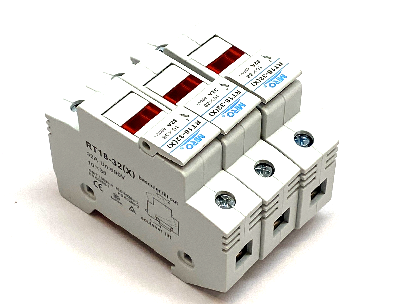 RT18-32X | MRO Fuse Holder 10x38mm 32A 380–500V 1-Pole DIN Rail LOT OF 3 - New – Open box - Maverick Industrial Sales