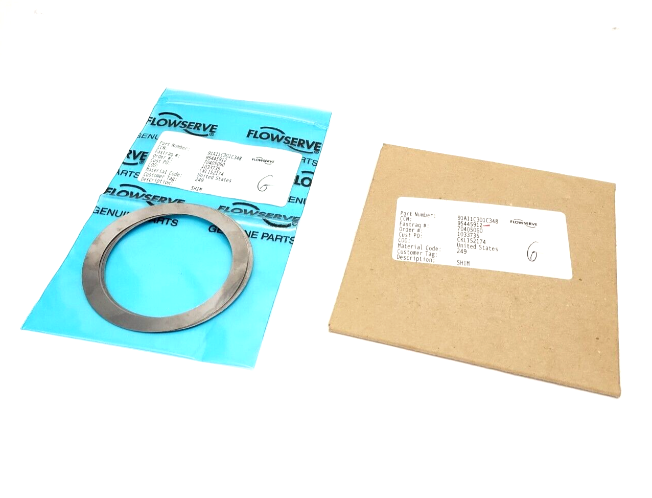 91A11C301C348 | Flowserve Shims material 249 95445912 LOT OF 6 - New - Maverick Industrial Sales