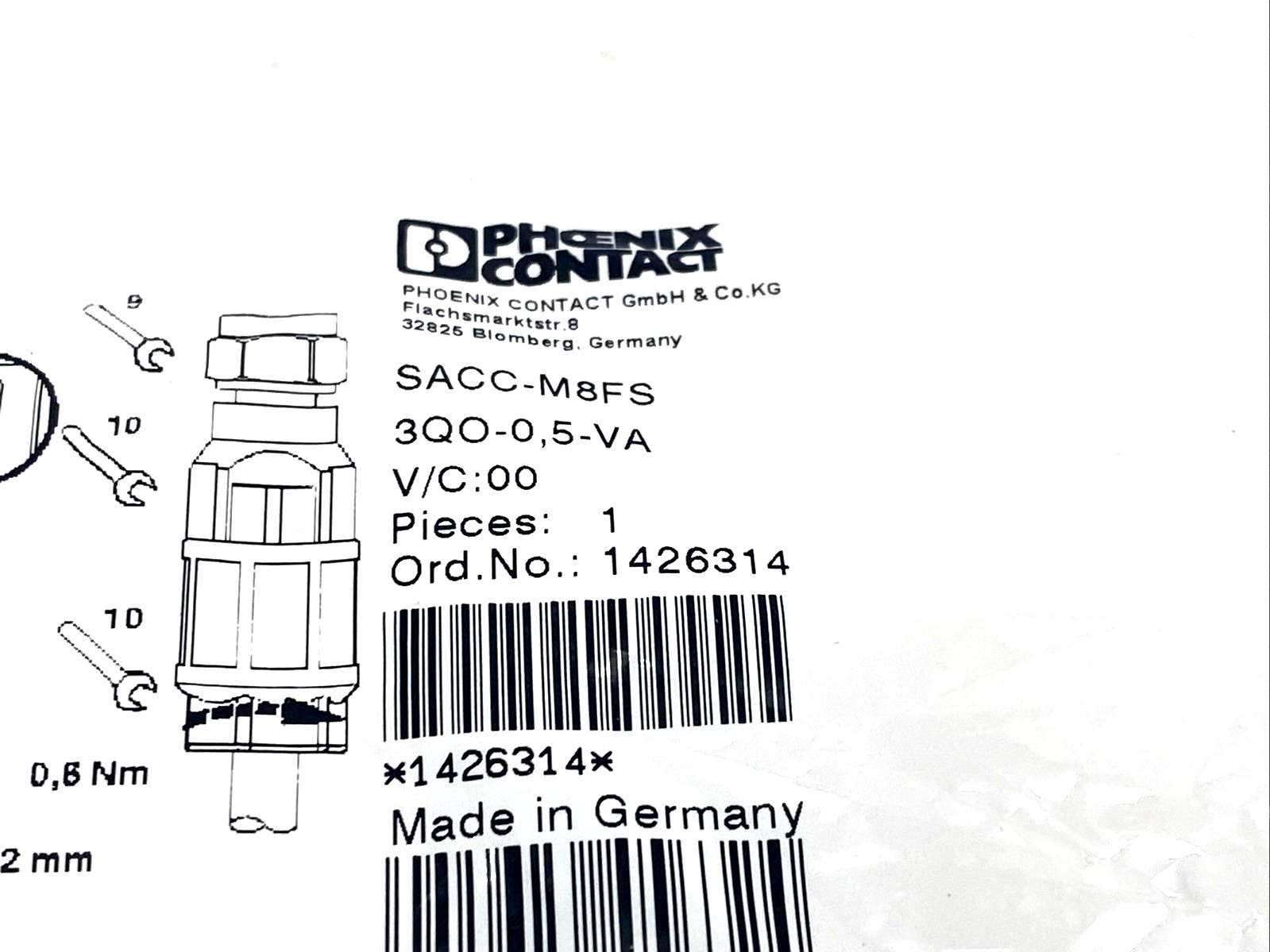 Phoenix Contact SACC-M 8FS-3QO-0,5-VA Connector M8 Female 3-Pin 1426314 - Maverick Industrial Sales