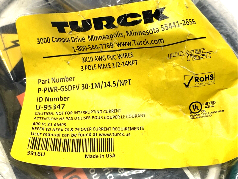 Turck P-PWR-GSDFV 30-1M/14.5/NPT Receptacle, Front Mount, 1-3/8" 3-Pin, U-95347 - Maverick Industrial Sales