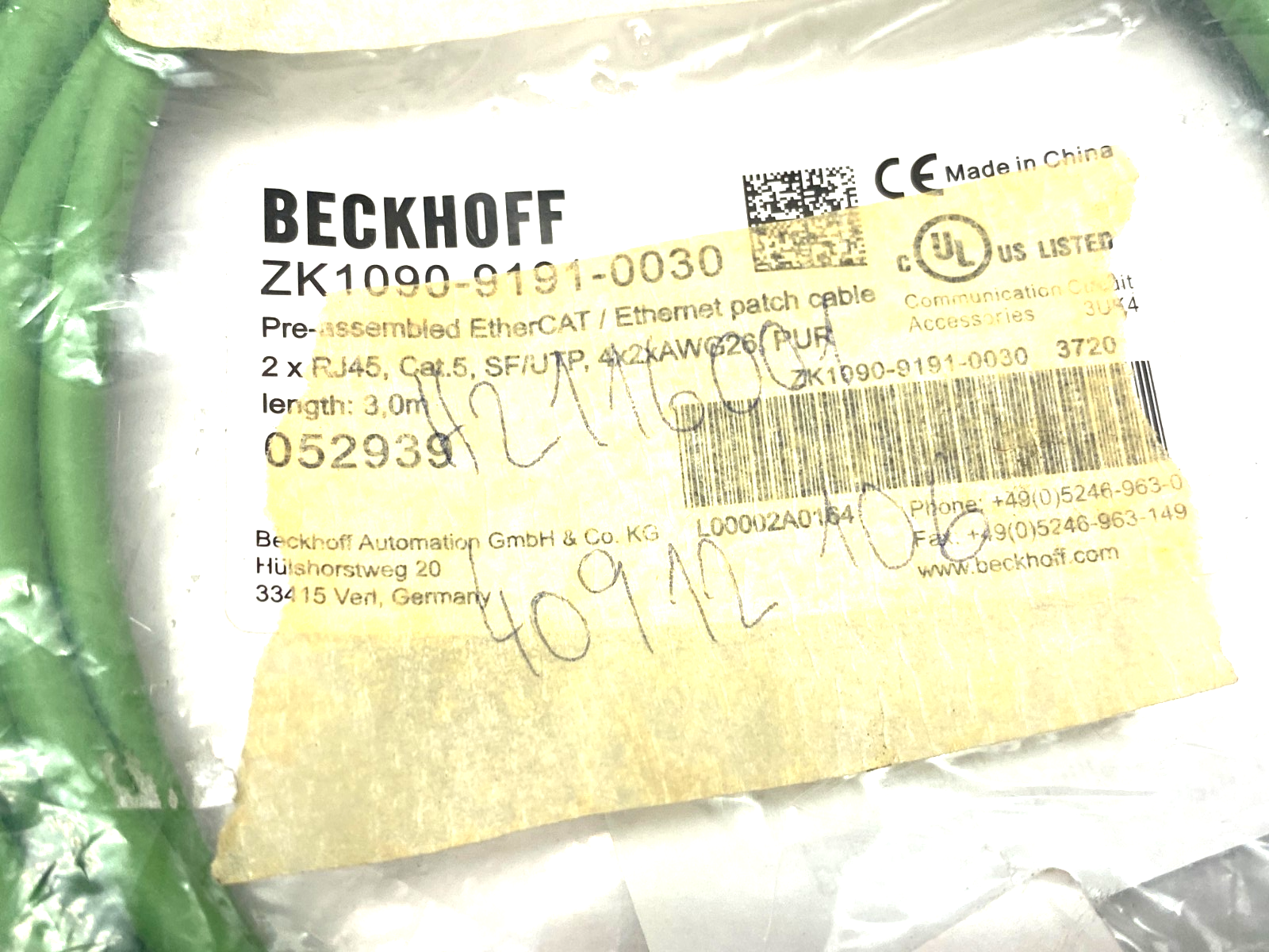 Beckhoff ZK1090-9191-0030 Ethernet/EtherCAT Patch Cable 2 x RJ45 3m 052939 - Maverick Industrial Sales