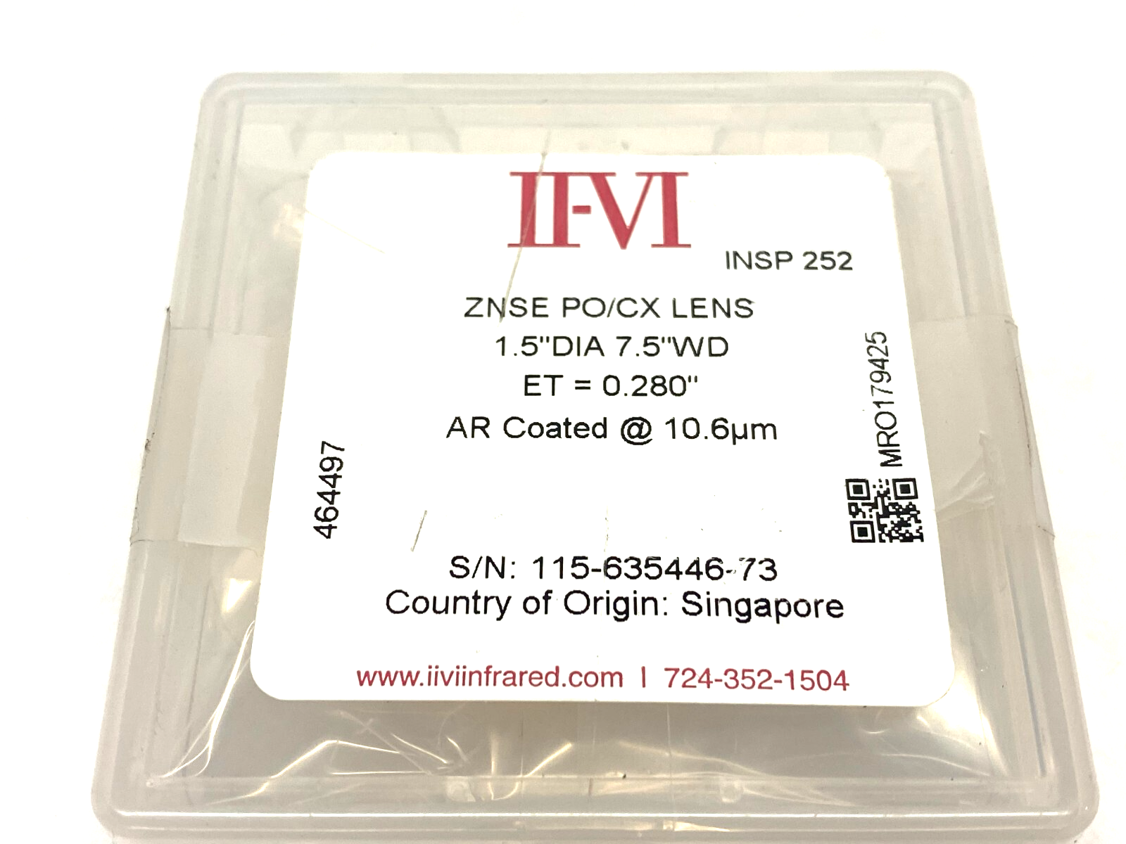 II-VI Infrared 464497 ZNSE PO/CX Laser Lens 1.5" Dia. 7.5" Wide ET=0.280" - Maverick Industrial Sales