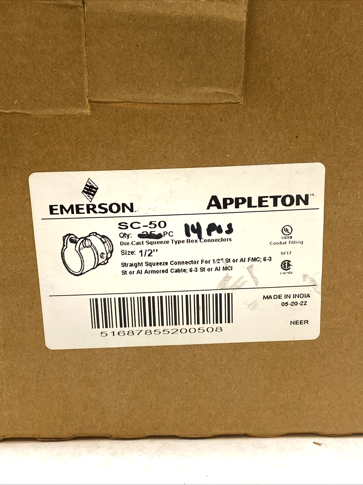 SC-50 | Emerson NEER Straight Squeeze Connector 1/2" Non-Insulated LOT OF 14 - New – Open box - Maverick Industrial Sales