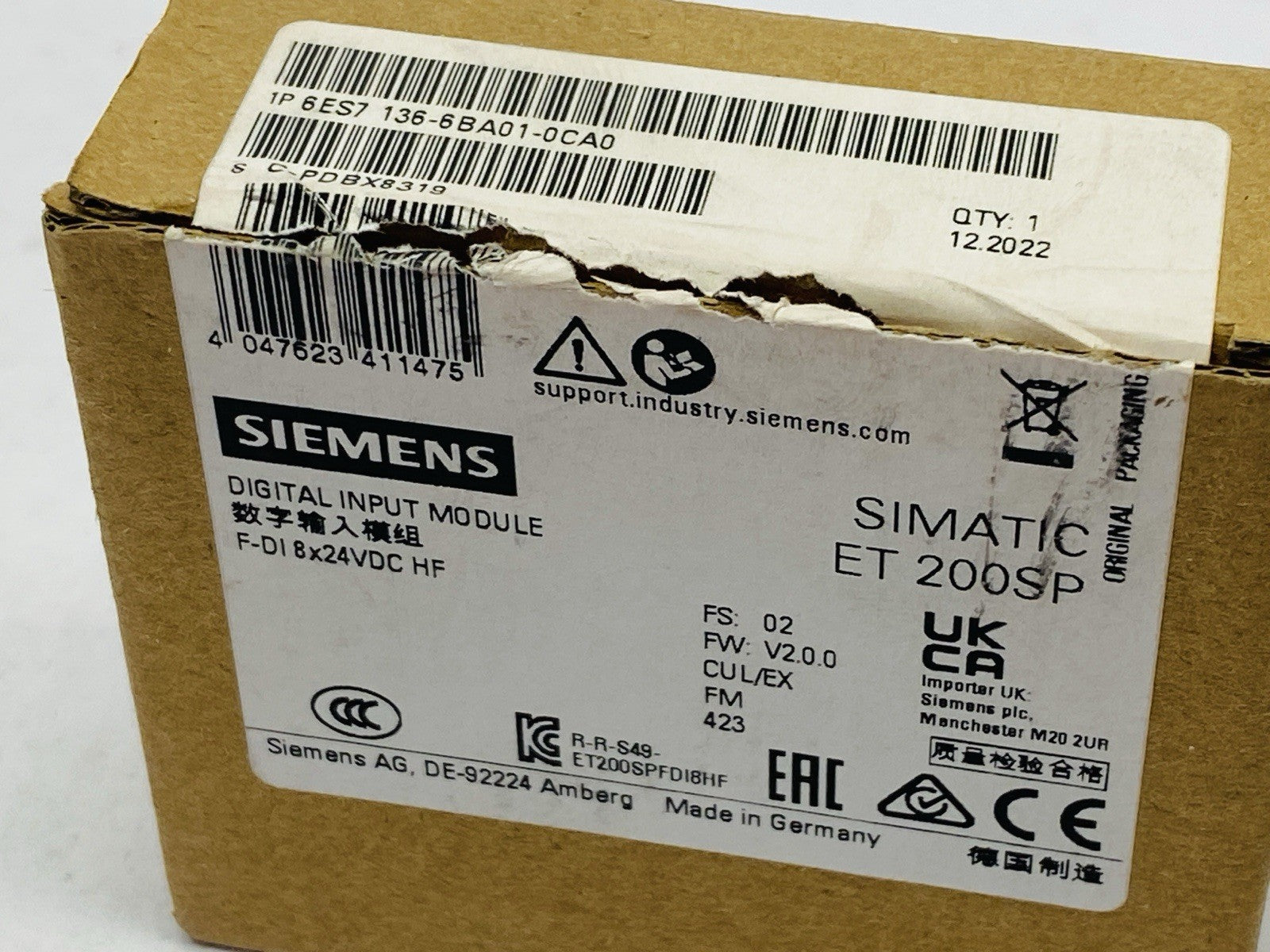 Siemens 6ES7136-6BA01-0CA0 SIMATIC ET 200SP Digital Input Module F-DI 8x 24VDC - Maverick Industrial Sales