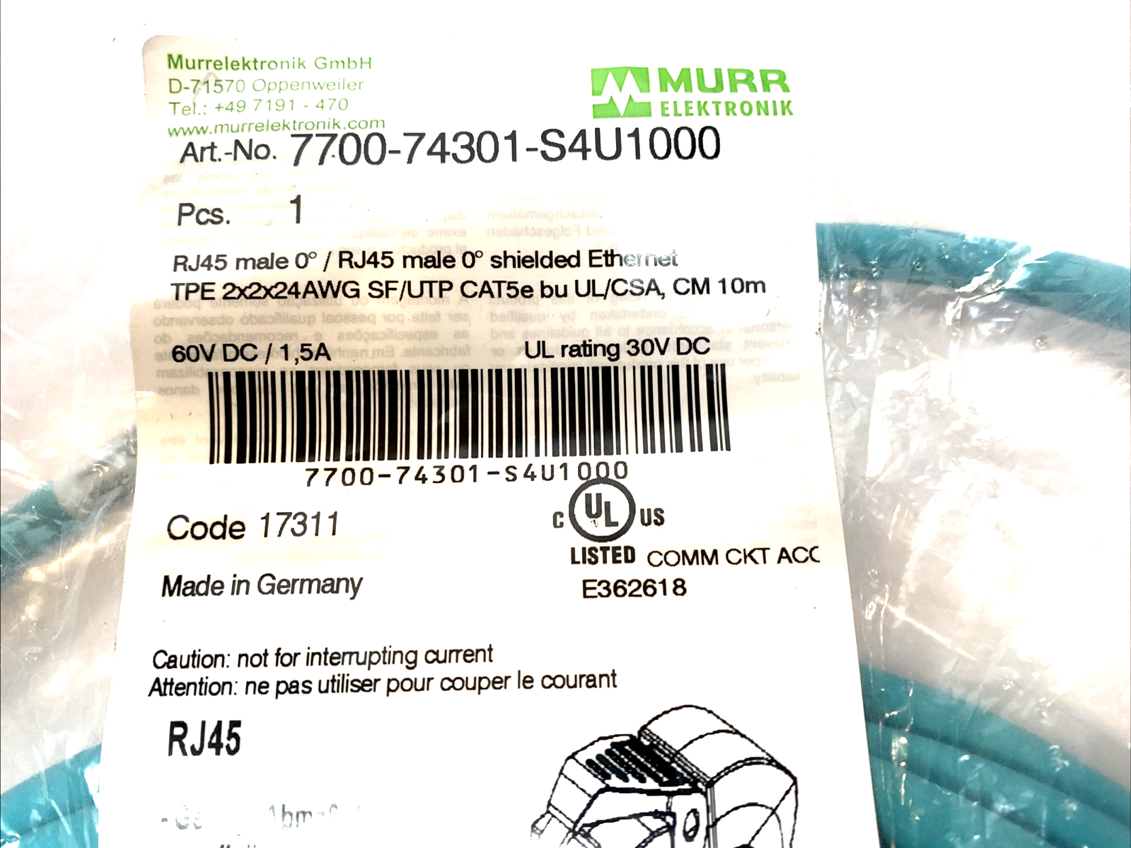 7700-74301-S4U1000 | Murr Elektronik Ethernet Cordset 10m Cable RJ45 - New - Maverick Industrial Sales