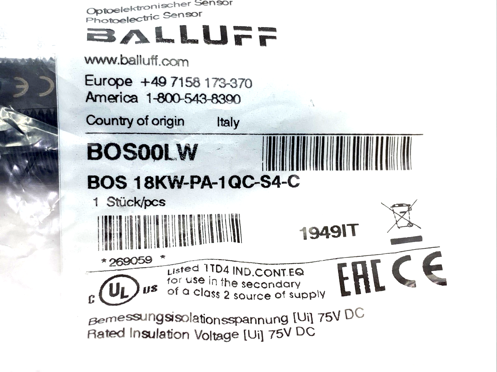 Balluff BOS00LW Retroreflective Photoelectric Sensor BOS 18KW-PA-1QC-S4-C - Maverick Industrial Sales