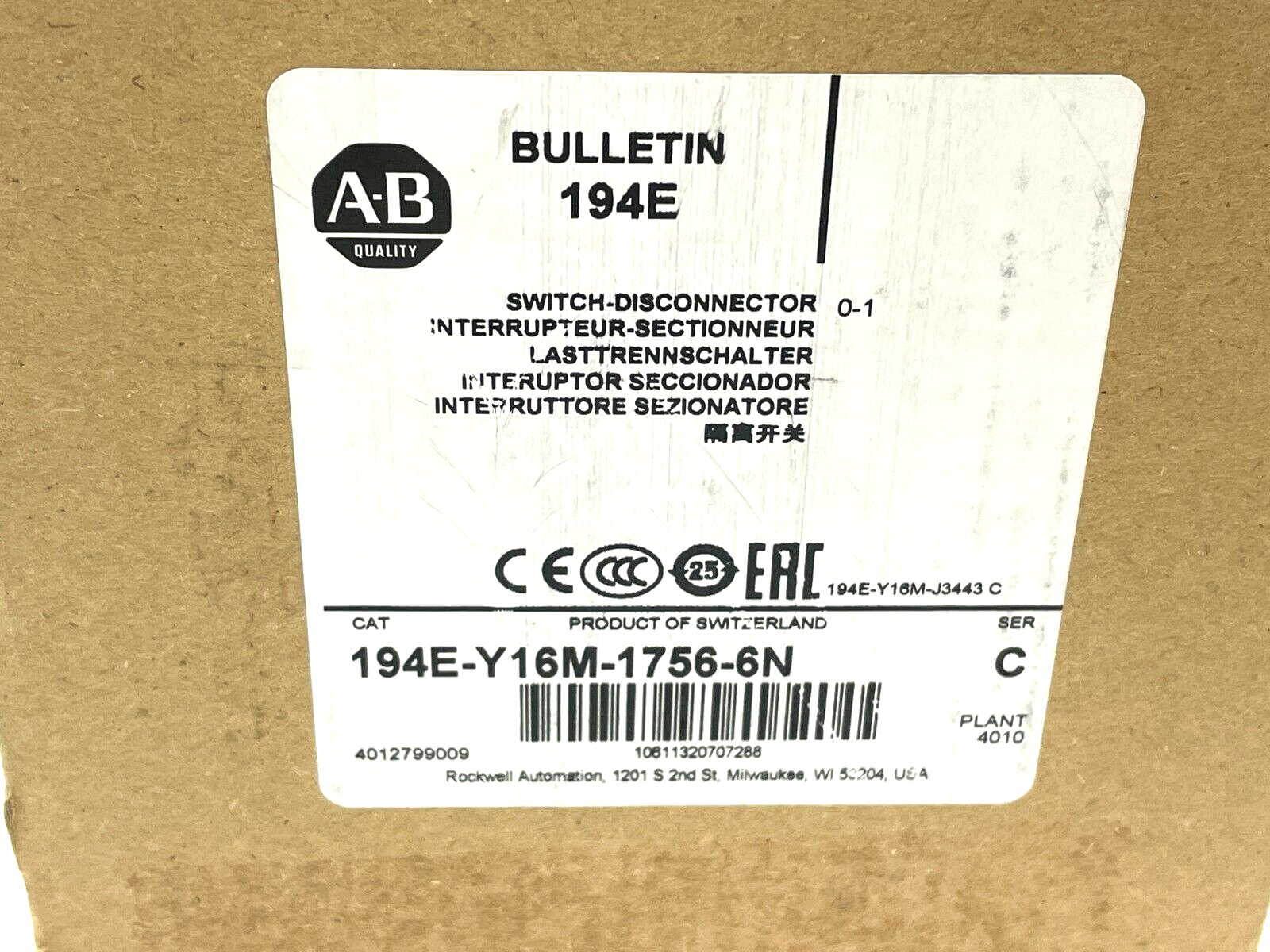 194E-Y16M-1756-6N | Allen Bradley Ser. C Disconnect Load Switch - New - Maverick Industrial Sales